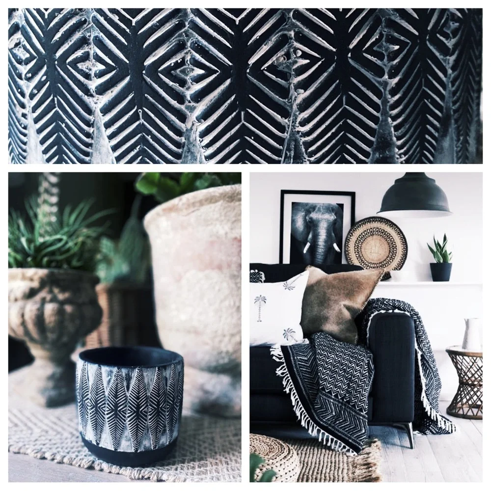 Hand Painted Clay Pot Black and White Feather Pattern - 4.5 Inch